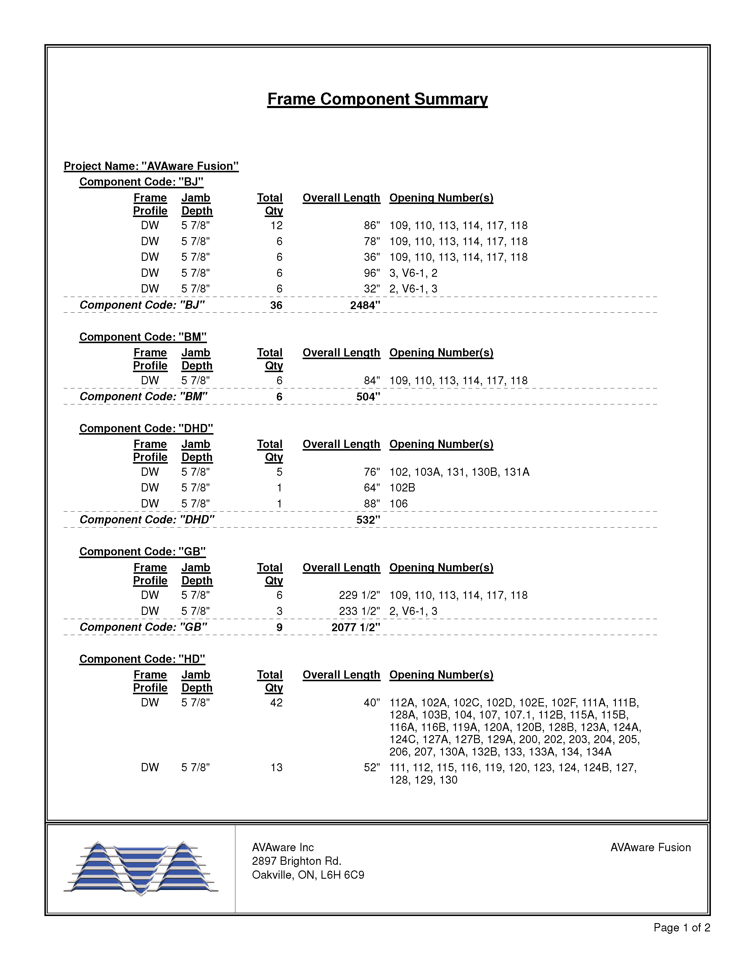 Frame Component Summary Page 1